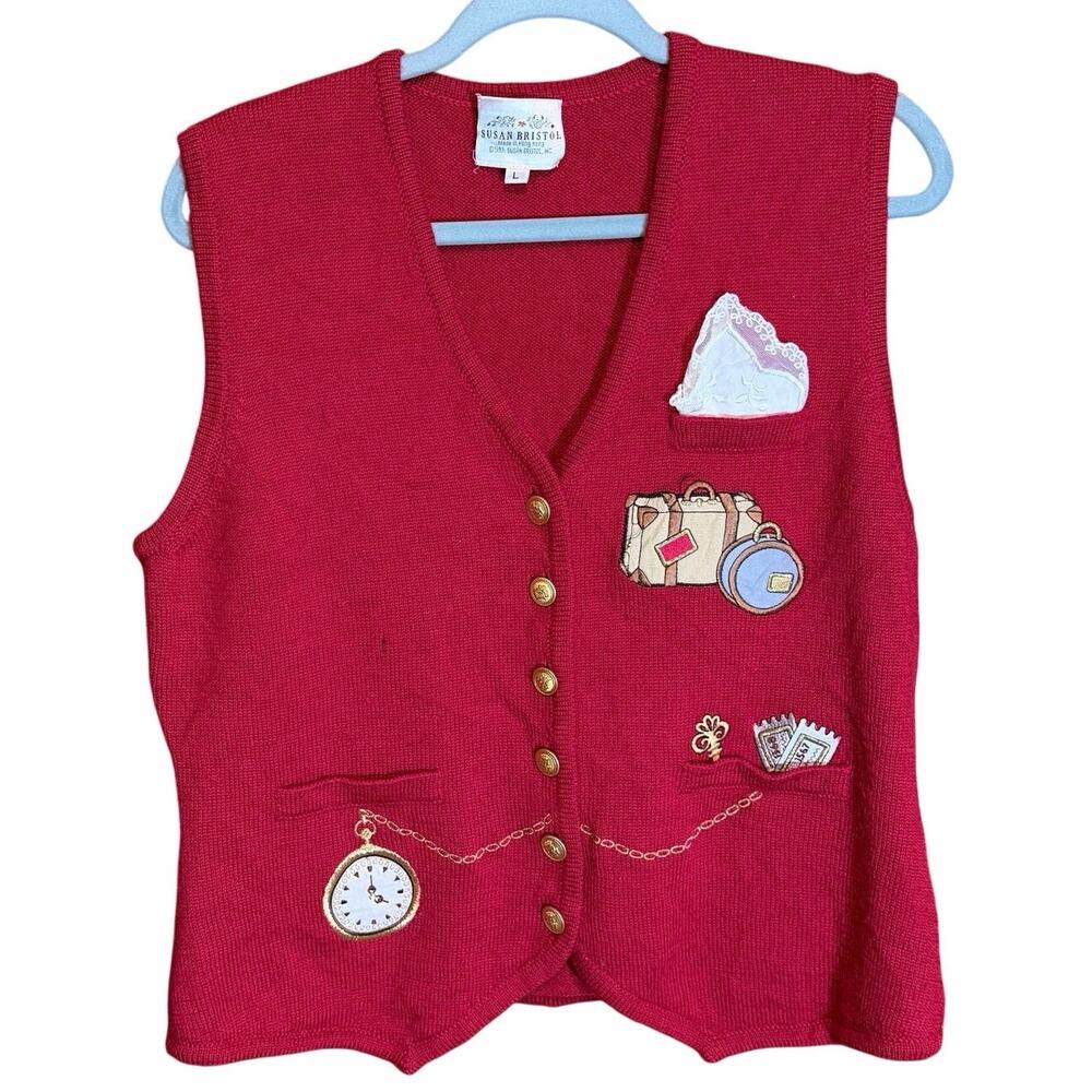 Susan Bristol Red Wool Embroidered Novelty Vest Gold Buttons Size Large travel